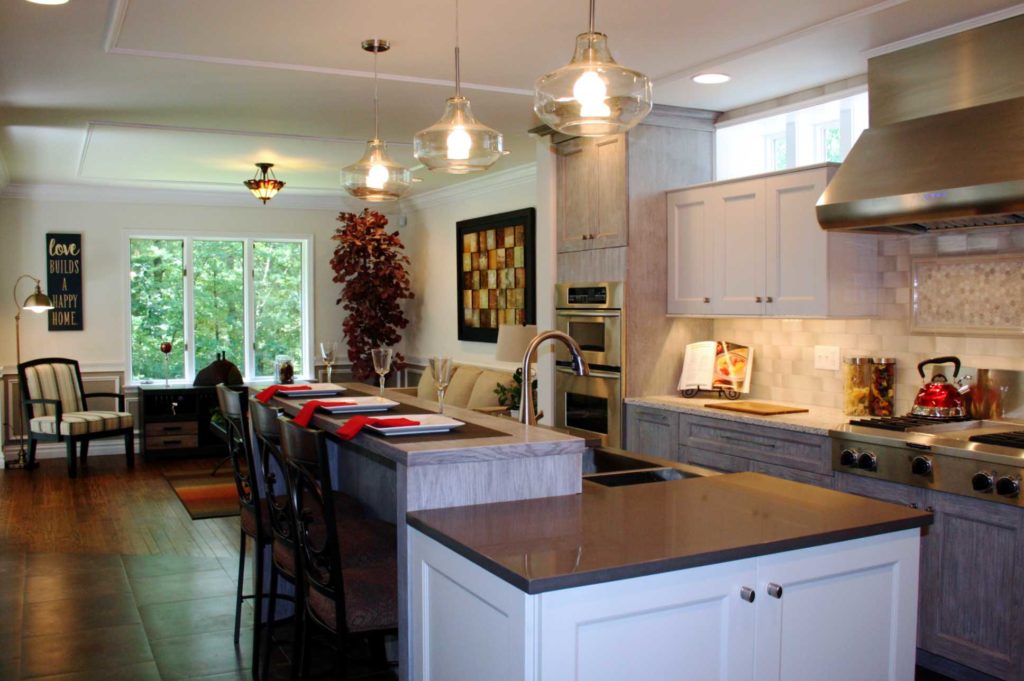 modern kitchen leading into living room