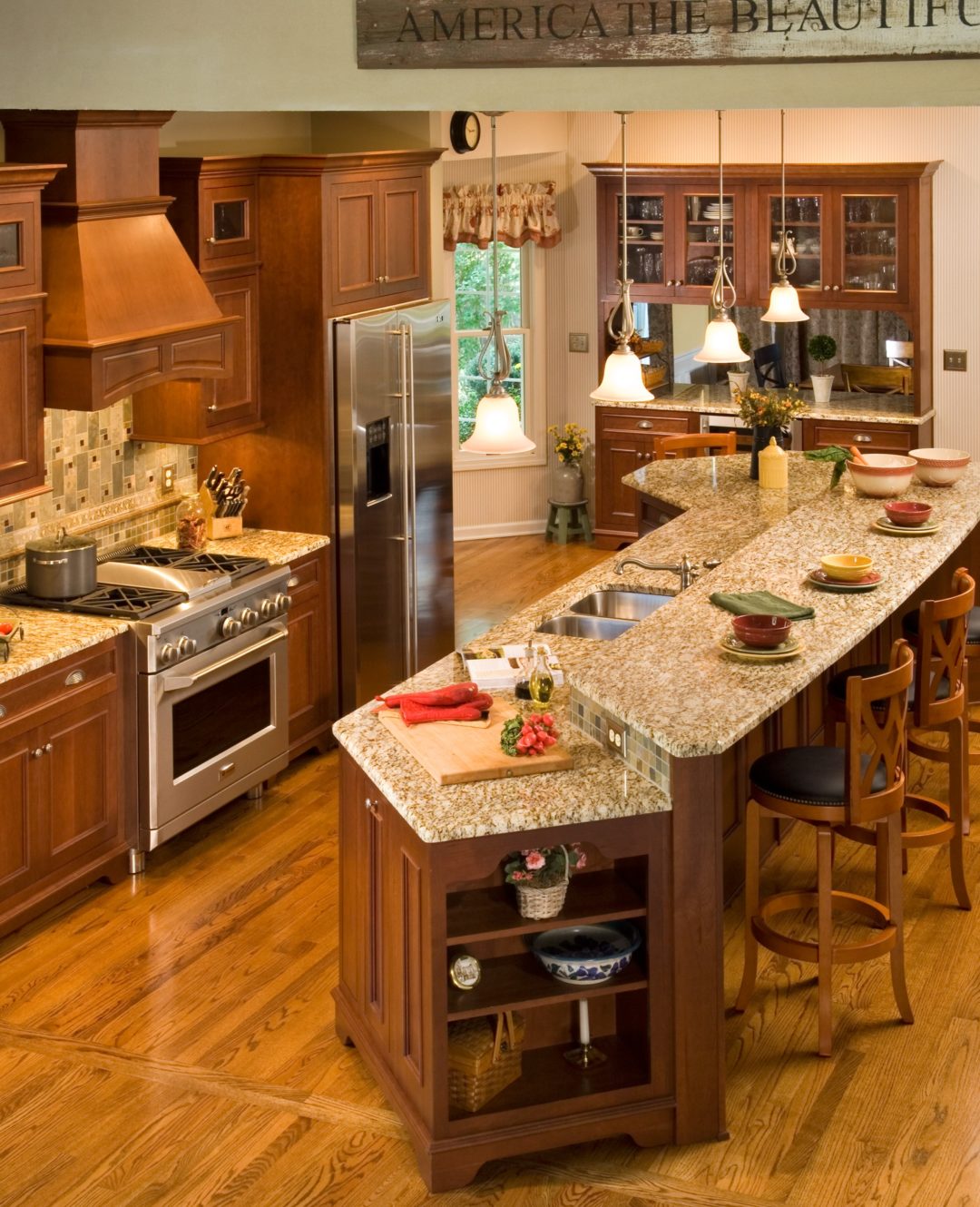 brown kitchen with large island