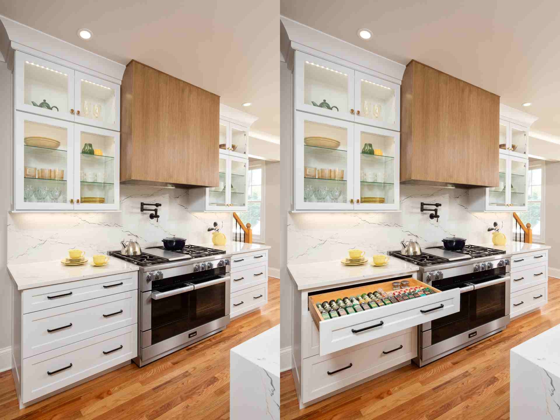 Kitchen prep area with spice storage